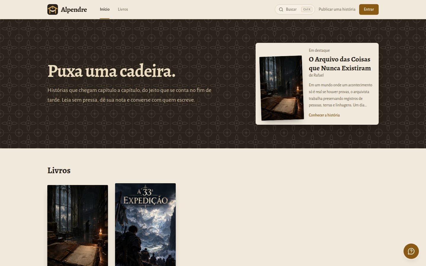 Página inicial do site Alpendre no computador